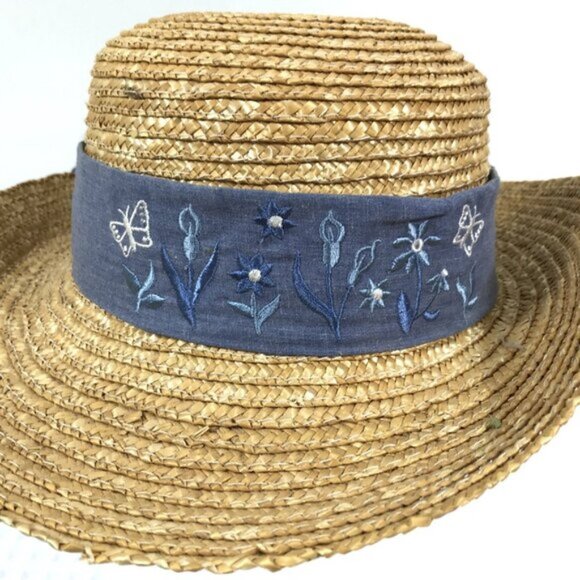 Vintage Straw Brimmed Summer Hat Floral Embroided Band